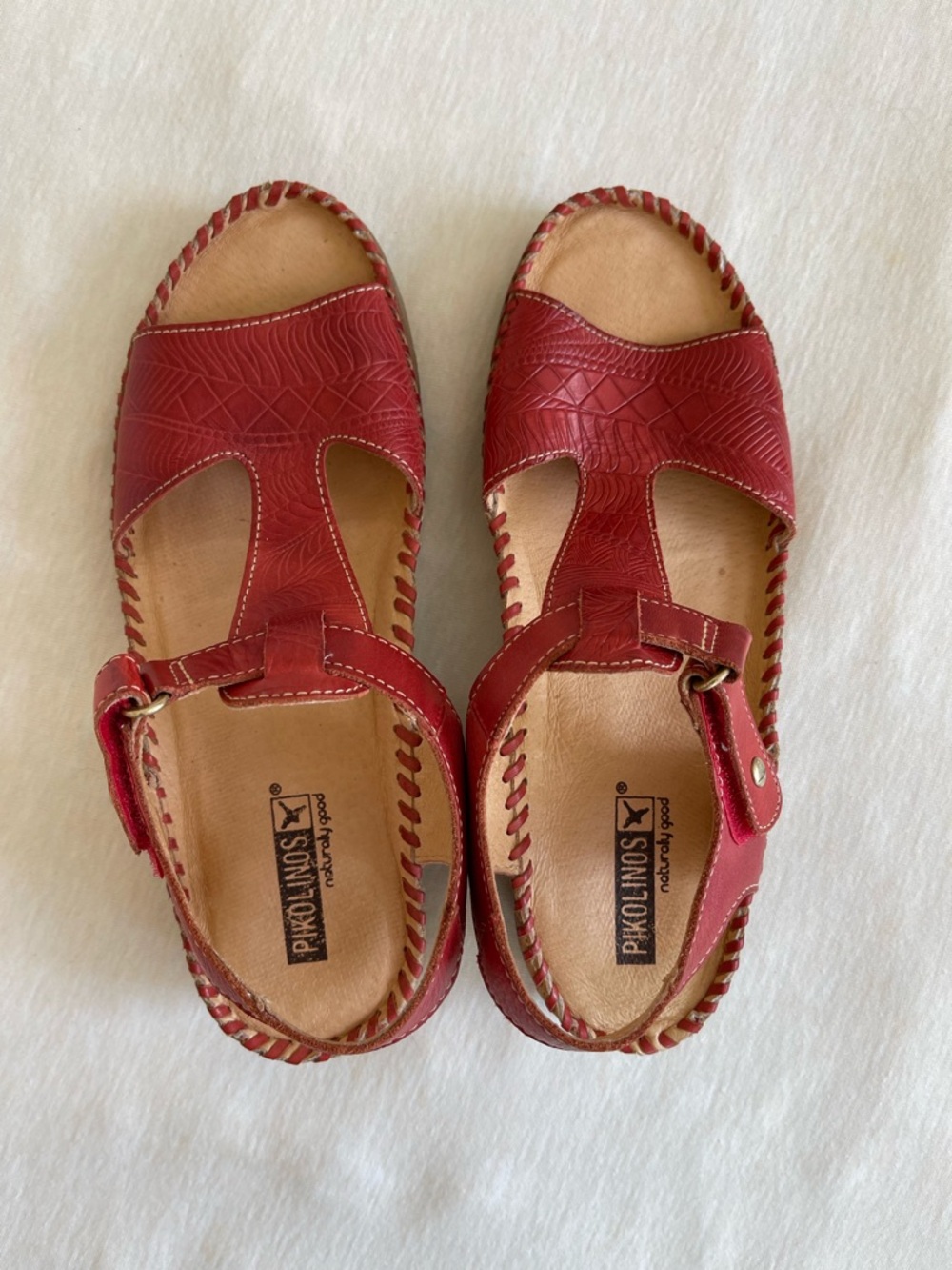 Pikolinos Red Leather Wedge Sandal Size 38 US 7.5/8
